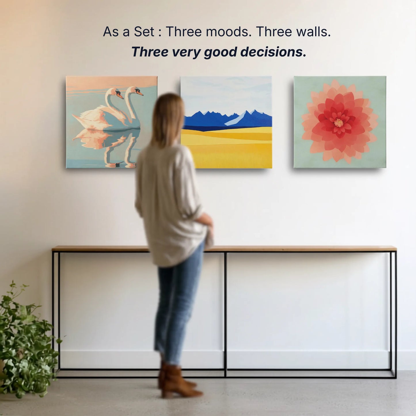 Wall art set of three canvas prints, swan mountains and dahlia, three moods three walls, calming wall art collection by RoomFruit