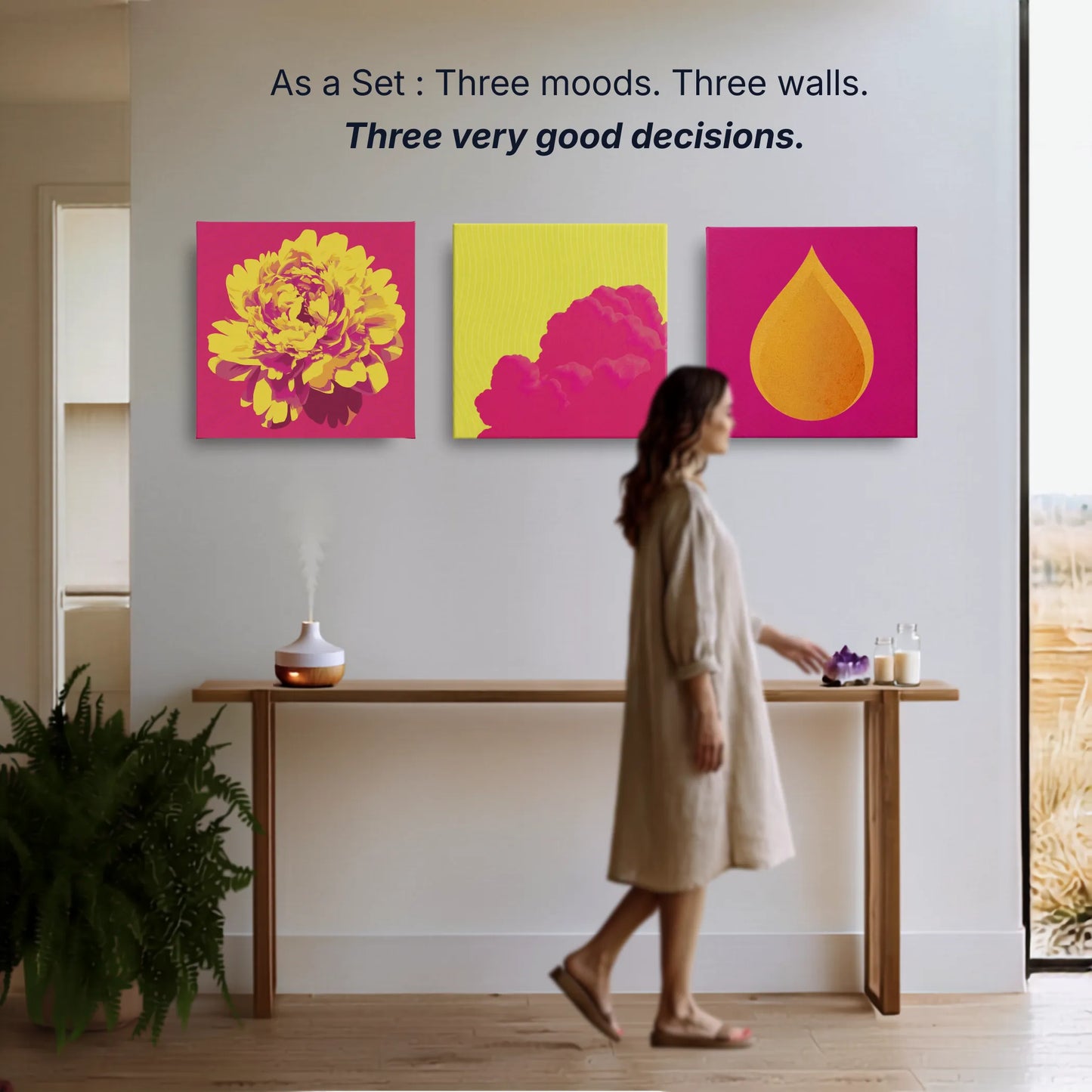 Wall art set of three canvas prints, peony sky and fire, three moods three walls, uplifting wall art collection by RoomFruit