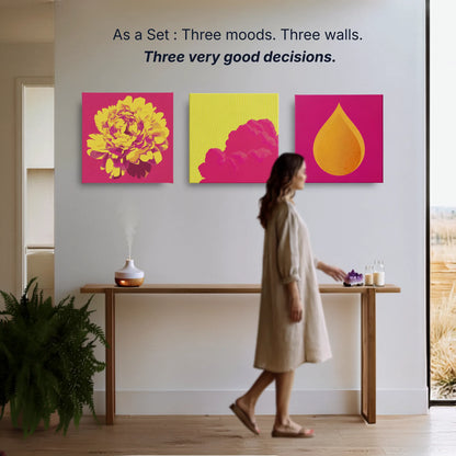 Wall art set of three canvas prints, peony sky and fire, three moods three walls, uplifting wall art collection by RoomFruit