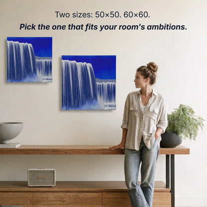 Waterfall canvas wall art two sizes 50x50cm and 60x60cm shown to scale, small wall art option available
