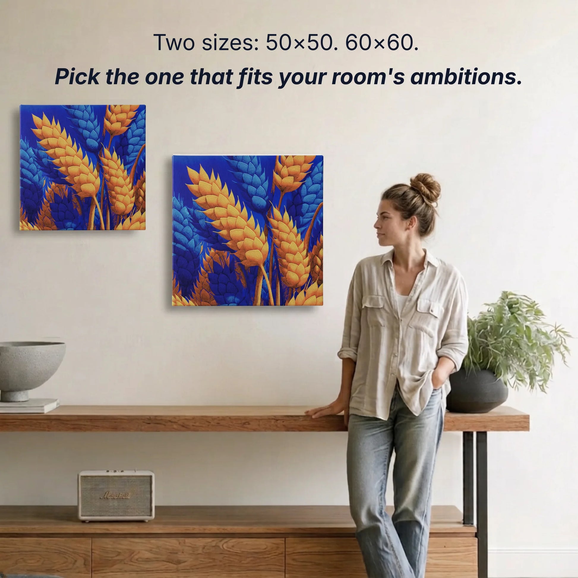 Wheat canvas wall art two sizes 50x50cm and 60x60cm shown to scale, small wall art option available
