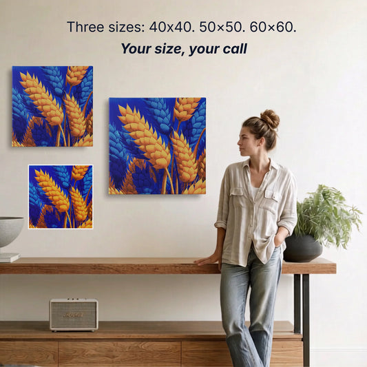 Wheat canvas wall art two sizes 50x50cm and 60x60cm shown to scale, small wall art option available